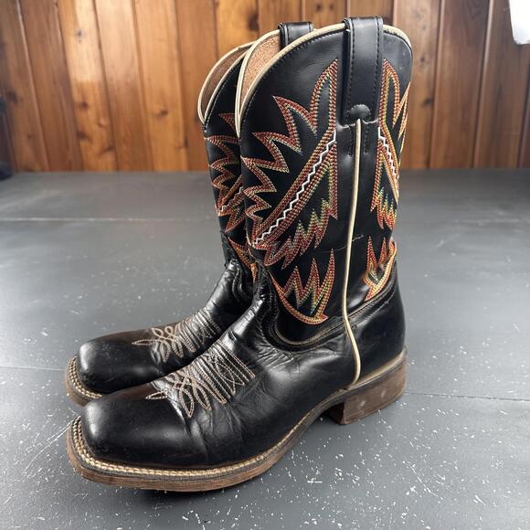Nocona Other - Nocona Western Boots Mens 9D Black Cowboy Leather Orange Red Feather Embroidery